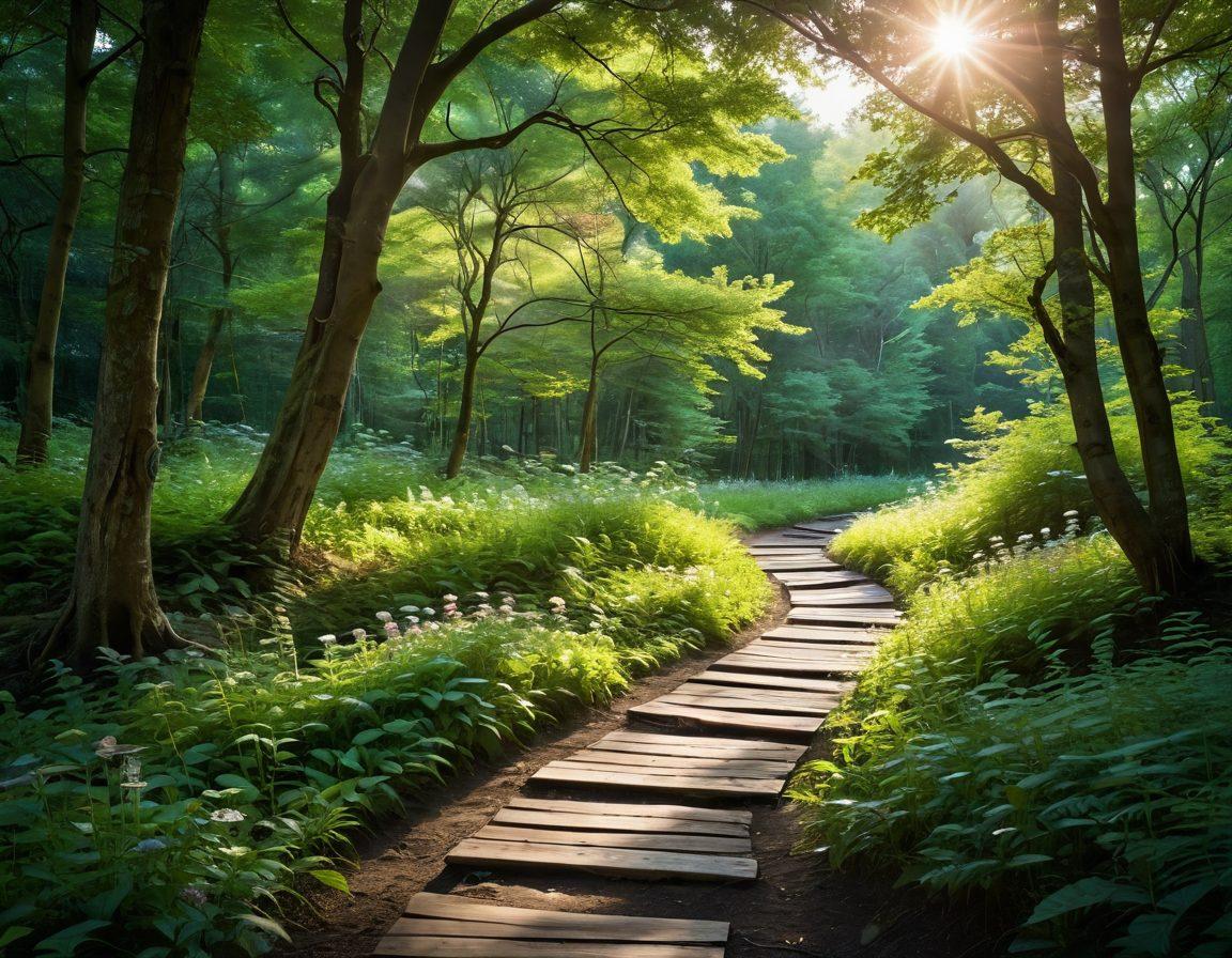 A serene landscape featuring a winding path through a lush green forest, where sunlight filters through the trees creating a warm glow. Along the path, diverse individuals engage in meditation and prayer, expressing a sense of community and connection. Ethereal symbols of spirituality and growth, like blossoming flowers and soft clouds, float gently in the air. The atmosphere is peaceful, encouraging deep reflection and faith. vibrant colors. super-realistic. soft focus.