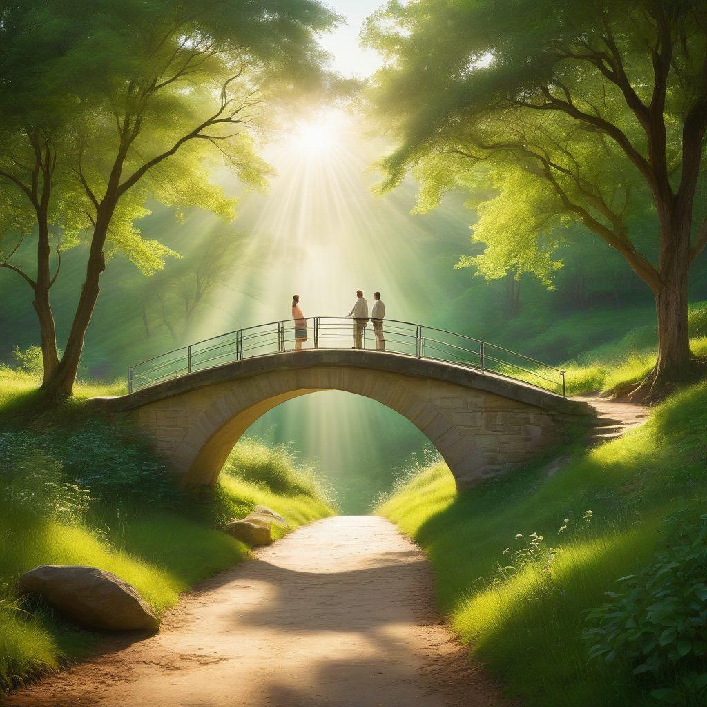 A serene landscape featuring a stunning bridge made of light, connecting two lush green hills. On one side, a diverse group of individuals engaged in deep conversation and laughter, symbolizing fellowship, while on the other side, serene meditation figures representing spiritual growth. Soft rays of sunlight filtering through trees, creating a warm, inviting atmosphere. ethereal style. vibrant colors. dreamlike quality.
